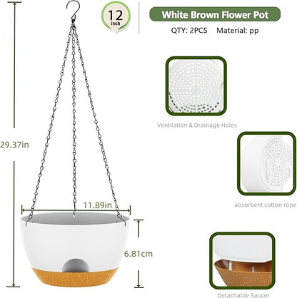 12 Inch Hanging Baskets 2 PC with Chains, Self-Watering Hanging Planters for Indoor Outdoor Plants, Plastic Hanging Flower Pots,White Brown