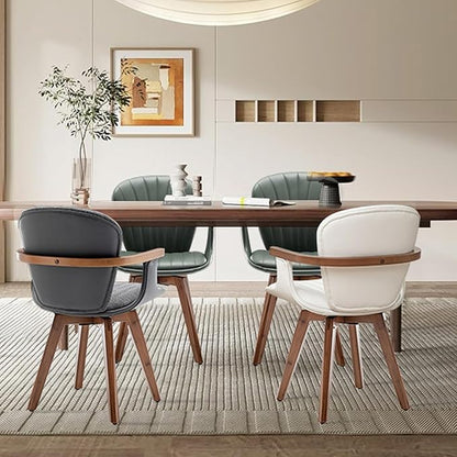 LUNLING Swivel Dining Chairs Set of 4, Mid Century Modern Green Faux Leather Kitchen Chairs with Arms,Bamboo Legs Side Chairs No Wheels,Accent Chair for Dining Rooms and Offices