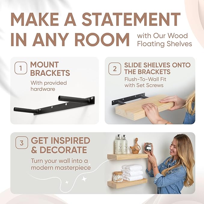 Homeforia 12 inch Natural Floating Shelf, High End Solid Real Wood 12inch Small Floating Shelves for Wall Mounted, Natural Wooden Floating Shelves, Heavy Duty Bracket, 12 X 6.5 X 1.75 in, Set of 3