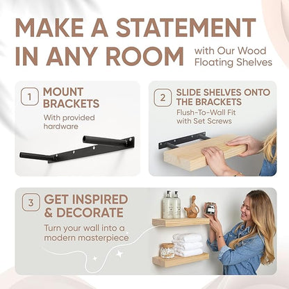 Homeforia Wood Floating Shelf 12 inch, High End Solid Natural Wood 12inch Floating Shelves for Wall Mounted, Unfinished Small Wooden Floating Shelves, Heavy Duty Bracket, 12 X 6.5 X 1.75 in, Set of 3