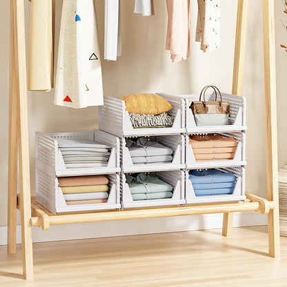 5 Pack Stackable Closet Storage Basket - Stackable Storage Bins, Multifunctional & Foldable Closet Organizer, Wardrobe Cupboard Space-Saving Hat Storage Drawer Organizer, White