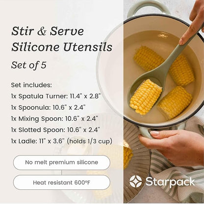 Starpack 'Stir & Serve' Silicone Cooking Utensils Set (5 Pcs) - Kitchen Utensils Set Heat Resistant to 600°F - Kitchen Utensils for Nonstick Cookware - Silicone Utensil Set for Mixing & Cooking