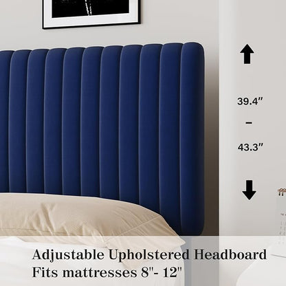 Queen Size Bed Frame with Headboard, Velvet Upholstered Platform Bed with Vertical Channel Tufted Design, No Box Spring Required, Easy Assembly, Blue