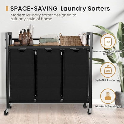 Laundry Hamper, Laundry Basket, Laundry Sorter with 3 Removable Bags, Clothes Basket with 3 Compartments, Wheels, Shelf for Laundry Room Bathroom Bedroom (3 Bags-Black)
