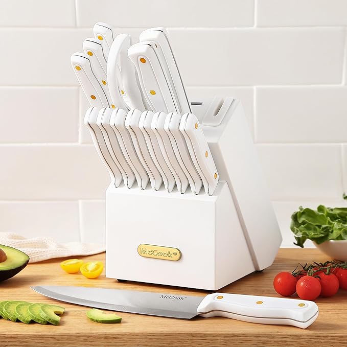McCook® Knife Sets, White High Carbon Stainless Steel Kitchen Knife Sets with with Built-in Sharpener
