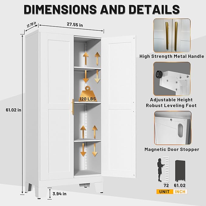 White Metal Kitchen Storage Cabinet, Kitchen Pantry Storage Cabinet with Doors and Shelves, Storage Cabinet with Adjustable Leveling Foot for Kitchen, Living Room and Dining Room. 61" H