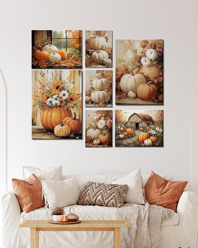 Farmhouse Autumn Pumpkin Wall Art Decor, Rustic Fall Canvas Prints Framed for Living Room Kitchen Dining Room, Thanksgiving Decorations and Cozy Fall Wall Art Picture, Ready to Hang