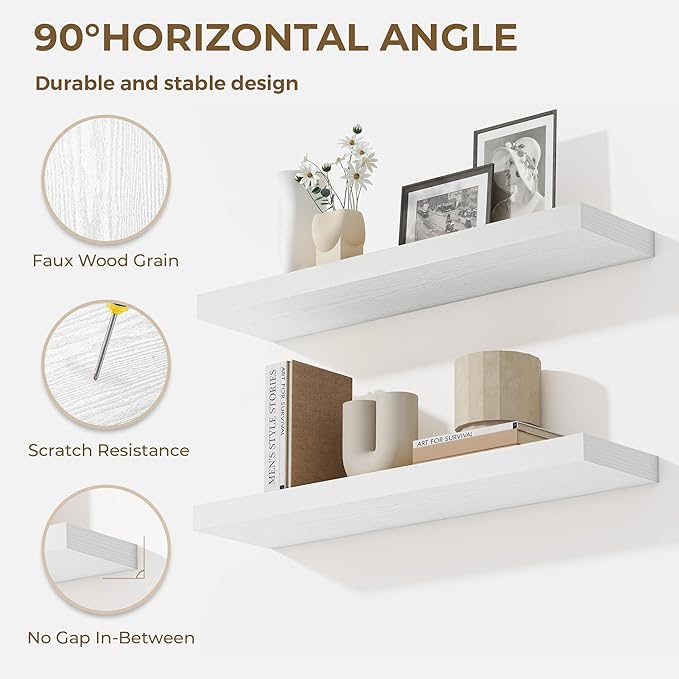 36 Inches Floating Shelves for Wall, 9.3" Deep Long Floating Shelves Set of 2, Large Display & Storage Shelf, Wall Shelf for Bathroom Bedroom Living Room Kitchen Office, White