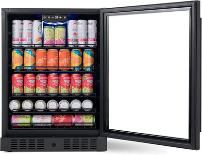 Newair 24" Beverage Refrigerator 177 Can Capacity, Black Stainless Steel Mini Fridge with Built-in Cooler and Glass Door, Cool your Soda, Beer, and Beverages to 37F