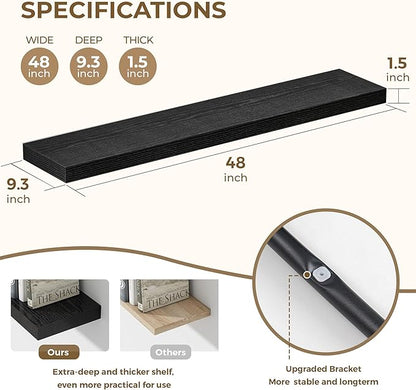 48 Inches Floating Shelves for Wall, 9.3" Deep Long Floating Shelves Set of 1, Large Display & Storage Shelf, Wall Shelf for Bathroom Bedroom Living Room Kitchen Office, Black