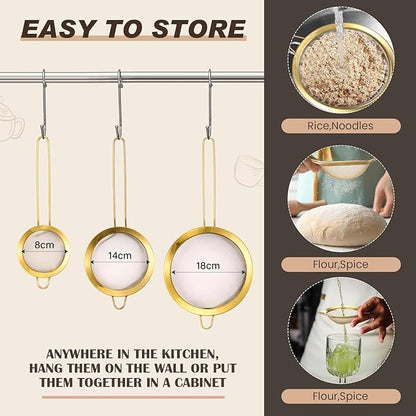 Norme 7 Quart Stainless Steel Gold Colander and 3 Pcs Gold Fine Mesh Strainer, Stainless Steel Pasta Rice Food Metal Strainer with Handles, Easy Clean and Dishwasher Safe