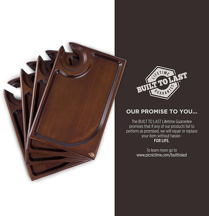 PICNIC TIME Rectangle Wine Appetizer Plates Set of 4, Cocktail Plate with Glass Holder, Cheese Board with Wine Holder, (Stained Parawood)