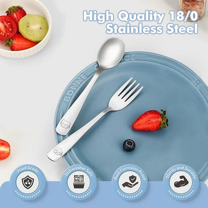 DRKIO Stainless Steel Toddler Utensils Set - 6 Pieces Kids Silverware Set Children Safe Food Grade Small Forks and Spoons Dishwasher Safe Mirror Polished