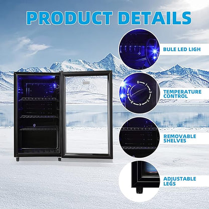 WANAI Mini Fridge Cooler 125Cans Beverage Refrigerator Glass Door Beverage Cooler for Beers Wine Juicer Adjustable Shelves LED Lights for Home, Office or Bar