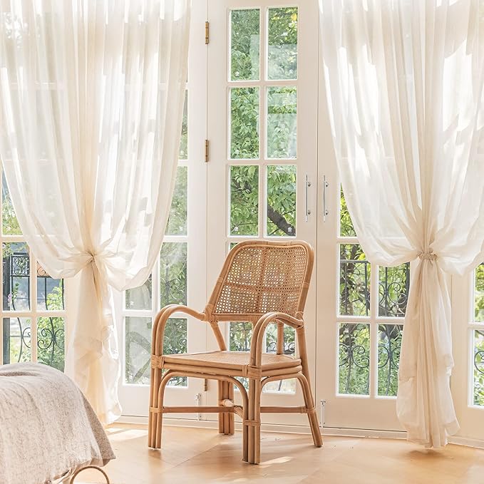 FMFUNCTEX Linen Sheer Pinch Pleated Curtains for Living Room, Linen Flax Beige 90 Inches Long Sheer Curtain See Through Panels for Bedroom, Natural Window Drapes for Farmhouse, Back Tab 2 Panels