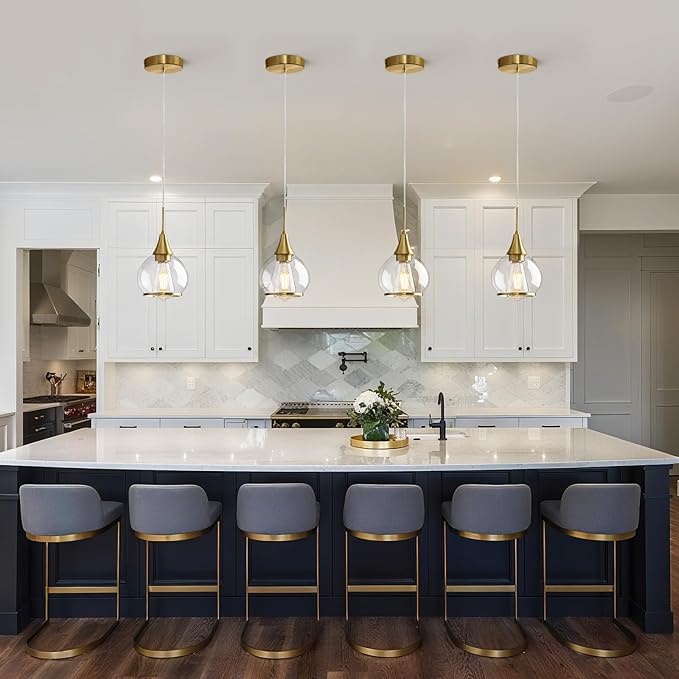 Pendant Light Fixtures Kitchen: 2 Pack Modern Gold Island Light with Clear Glass - 6 Inch Mid Century Globe Kitchen Lighting Chandeliers Ceiling for Foyer Bedroom