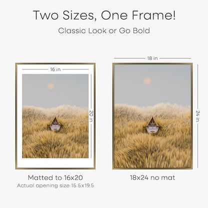 Homeforia Picture 18x24 Bronze Frame, High End Metal 18x24 Brass Poster Frames with Mat 16x20 for Photo, 18 x 24 Frame Matted to 16 x 20 Print, 24x18 Hanging Frames, Tempered Glass, Wall Kit, Set of 1
