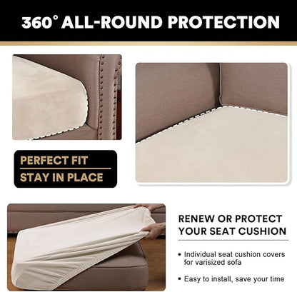 PrinceDeco Stretch Sofa Cushion Covers for Couches and Sofas,Soft Velvet Couch Seat Covers, Sofa Covers Washable, Seat Cushion Cover for 3 Couch Sofa Pet Friendly - Ivory, Each Width Up to 29.5"