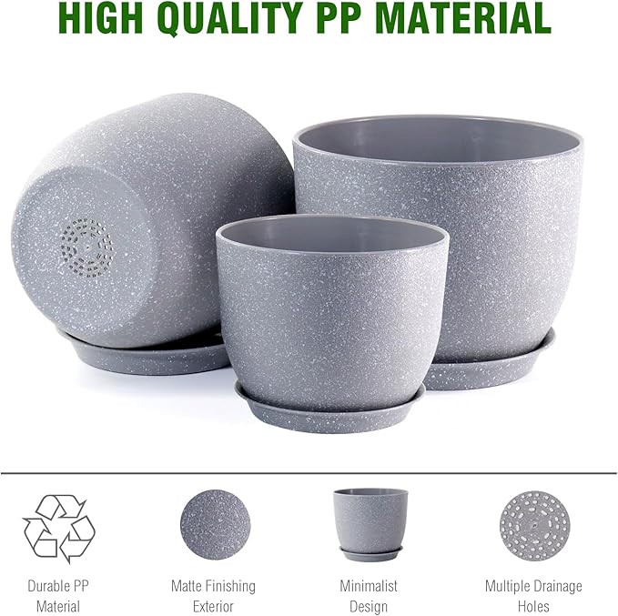 10/9/8 inch Plant Pots, Set of 3 Modern Decorative Plastic Planters with Drainage Holes and Saucers for Garden House Plants, Flower Pots for Indoor Outdoor Plants, Speckled Grey