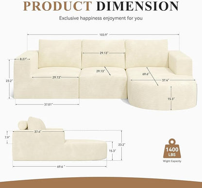 Modular Sectional Sofa with L-Shape Chaise,Cloud Sectional Modern Sleeper Couch with Deep Seat,Sponge Compression Sofas No Assembly Required(Beige-Corduroy Fabric) 1PCS