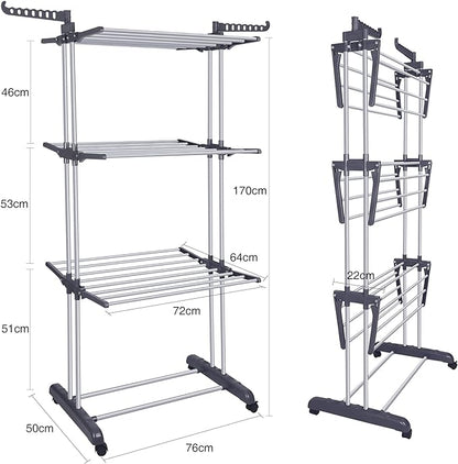 Bigzzia Clothes Drying Rack Folding Drying Rack Clothing 4 Tier Clothes Horses Rack Stainless Steel Laundry Drying Rack with Two Side Wings Grey