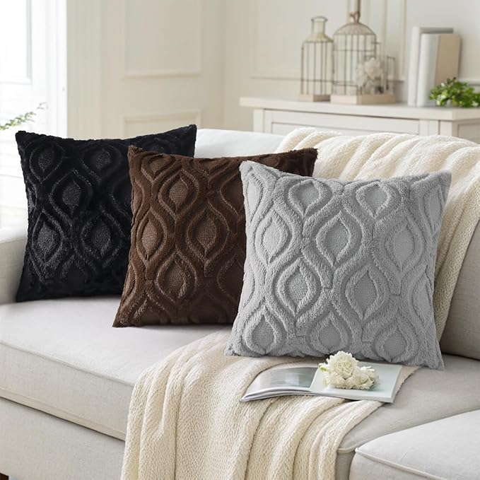 decorUhome Fall Throw Pillow Covers 12x20 Inch Set of 2, Soft Plush Decorative Faux Fur Black Solid Couch Pillow Covers, Accent Farmhouse Neutral Lumbar Euro Pillow Cases for Sofa Bed Living Room