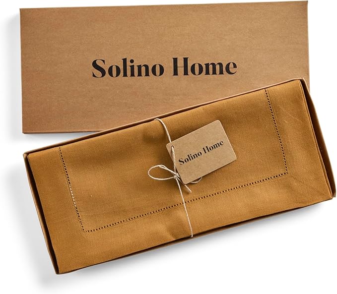 Solino Home Linen Table Runner 48 Inches - 100% Pure Linen Brown Sugar Hemstitch Table Runner 14 x 48 Inch Ideal for Dresser and Coffee Tables - Fall, Autumn, Thanksgiving - Classic Hemstitch