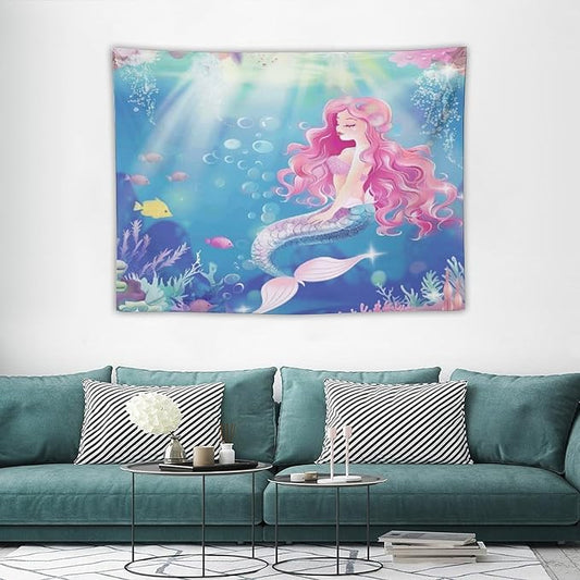 HZOHNAGO Mermaid Girls Tapestry Watercolor Mermaid Princess Pink Hair Pattern for Kids Room Decoration Printed Wall Tapestry Wall Hanging for Bedroom Living Room Dorm 40" W x 30" H