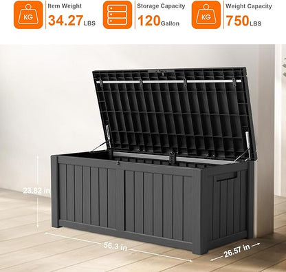 DRATO 120 Gallon Large Deck Box, Outdoor Storage Box for Patio Furniture, Patio Cushions, Gardening Tools, Pool Supplies,660lbs Weight Capacity,Waterproof Resin Storage Boxes