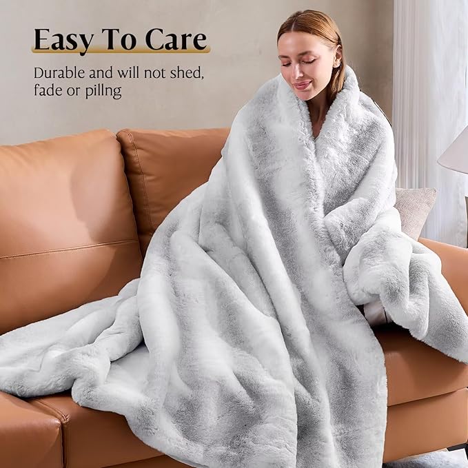 Luxury Faux Fur Blanket - Soft Warm Plush Blankets for Couch Sofa Bed, Fluffy Thick Throws for Bedroom, Office, Living Room, Decorative Reversible, Not Easy to shed- 50"x60", Grey/White