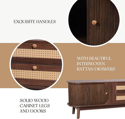 Merax Modern Fluted TV Stand for 75" TVs, Mid-Century Entertainment Center Tambour Door Media Console TV Cabinet with Rattan-Front Drawer for Living Room, Curved Profile Design
