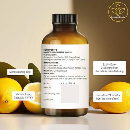 Majestic Pure Lemon Essential Oil with Glass Dropper - Huge 4 Fl Oz - 100% Pure and Natural Lemon Oil - Premium Grade Essential Oils for Diffuser, Aromatherapy, Soap and Candle Making