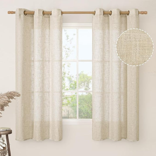 LAMIT Natural Linen Semi Sheer Curtains 63 Inch for Bedroom, Light Filtering Curtains Farmhouse Boho Bronze Grommet Drapes for Dining Room, 2 Panels (38 x 63 Inch, Linen)