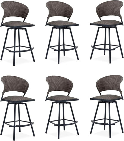 VICLLAX Patio Bar Stool Chairs with Footrests and Padded Seat, Bar Height Swivel Patio Chairs Set of 6, Brown Woven Wicker Swivel Bar Stools for Lawn Garden