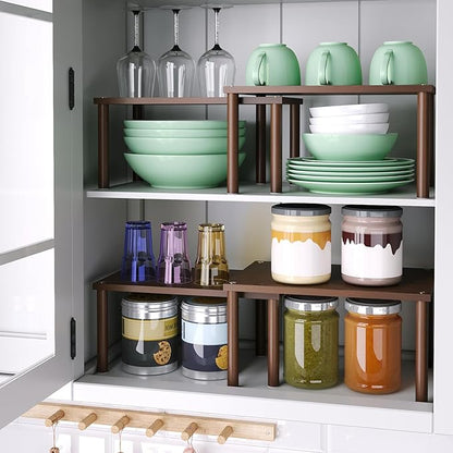 Cabinet Organizer Shelf(Set of 2),Kitchen Counter Shelves,Bamboo Spice Rack Countertop and Cabinet,Stackable Expandable,Medium(Brown)