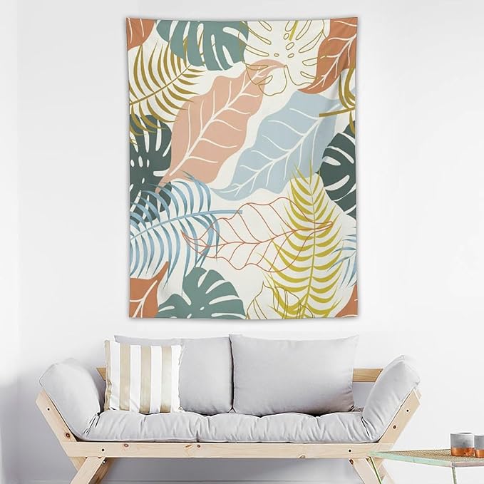 ICMOLYYENLO Boho Green Leaves Tapestry, Mid Century Abstract Tropical Palm Leaves Modern Minimalist Geometric Wall Hanging, Neutral Home Decor Art for Living Room Bedroom Dorm 40x60 Inch