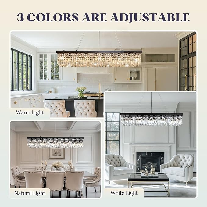 Rectangular Black Crystal Chandelier,10 Light Crystal Chandeliers for Dining Room, Rectangle Light Fixture for Kitchen Island L47''xW10''x H10''