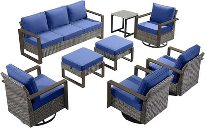 Outdoor Wicker Patio Furniture Set - 8 Piece Patio Conversation Set with 4 Wicker Swivel Rocker Chairs,2 Rattan Ottoman 1 Side Table and 1 Couch,Thick Cushions,Deep Seating(Mixed Grey/Blue)