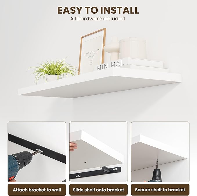 32" Floating Shelves for Wall, 12" Deep Slim White Floating Shelves, Wall-Mounted Shelves for Bedroom, Living Room, Kitchen, Bathroom - Set of 2