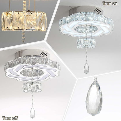 Flashing God 16 Inch Mini Chandelier Modern Crystal Chandeliers Light Semi Flush Mount Ceiling Light Fixture Small Silver Chandelier for Bedroom Hallway Kitchen Foyer