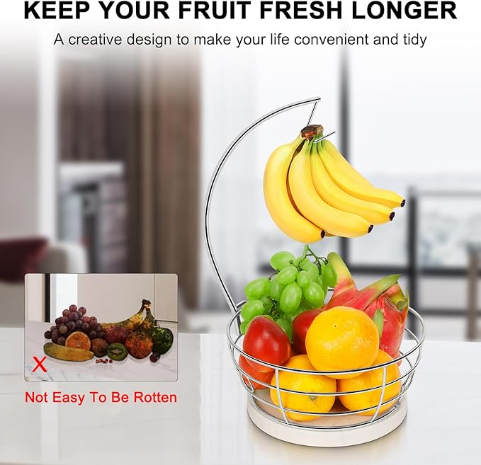 Livabber Countertop Fruit Basket Bowl with Banana Hanger, Modern Standing Fruit Vegetable Bowl Storage, with Banana Tree Holder for Kitchen Dinning Table (Round Marble, Chrome)