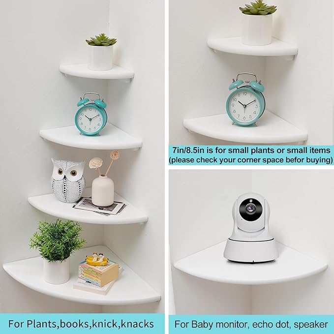 Corner Shelf, White Solid Oak Wood Floating Corner Shelves Wall Mount Round End Floating Speaker Rack for Small Plant Photo Frame (White, 8.6in)