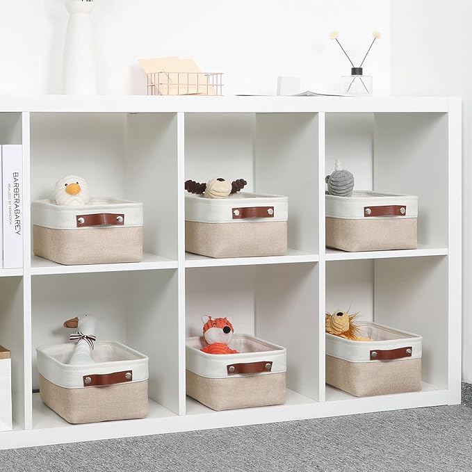 DULLEMELO Small Storage Bins, Storage Baskets for Organizing, Collapsible Rectangular Fabric Baskets for Shelves, Closets, Nursery, Home, Office, Empty Gift Baskets (6-Pack, White&Khaki)