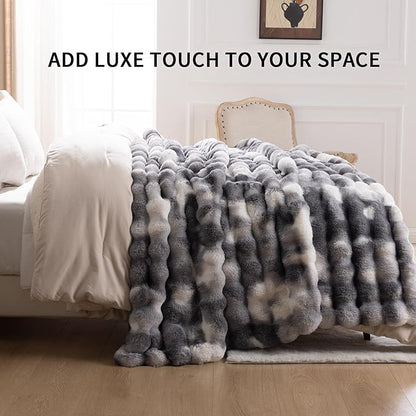Cozy Faux Fur Throw Blanket for Couch-Warm Fuzzy Throw Blanket, Soft Plush Thick Bubble Blankets for Bedroom and Living Room, Furry Luxury Blanket, 50 x 60,Tie-Dye Grey