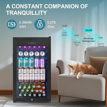 Beverage Refrigerator Cooler, 128 Cans 3.2 Cu.Ft Mini Fridge Glass Door for Drink Beer Soda Wine, Small Fridge with 4 Adjustable Removable Shelves for Kitchen, Bedroom, Office, Bar, Gaming Room, Black