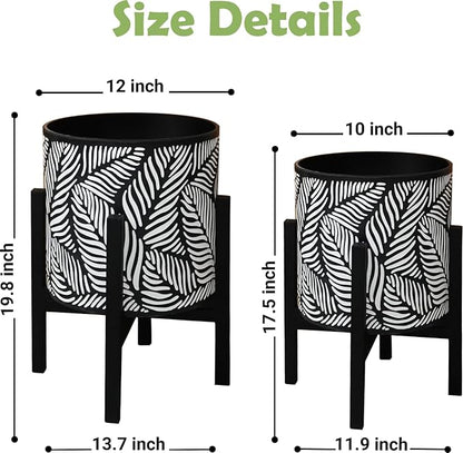 10 & 12 Inches Plant Pot with Stand Set of 2, Decorative Palm Leaves Printing Planter with Holder, Garden Pot for Snake Plant, Monstera, Houseplants - Indoor Outdoor Flower Pots with Drainage Holes