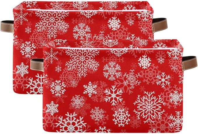 Christmas White Snowflakes on Red Storage Basket Cube Storage Bins Organizer Bag Collapsible Closet Shelf Baskets with handle for Baby Cloth Pet Toy Book 14.2×10.2×8.3 IN