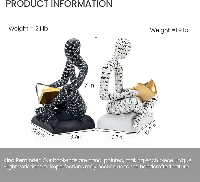 Heavy Duty Book Ends for Shelves, Thinker Decorative Bookends for Heavy Books, Unique Book Stoppers to Hold Book, Bookshelf Accessories, Modern Home Office Decor Aesthetic Black & White