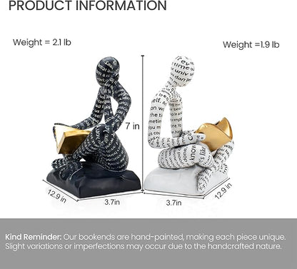 Heavy Duty Book Ends for Shelves, Thinker Decorative Bookends for Heavy Books, Unique Book Stoppers to Hold Book, Bookshelf Accessories, Modern Home Office Decor Aesthetic Black & White