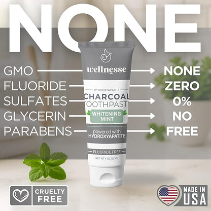 Wellnesse Activated Charcoal Whitening Toothpaste with Xylitol, Fluoride-Free Hydroxyapatite Black Charcoal Toothpaste for Adult Fresh Breath, Natural Teeth Whitening, Mint Flavor, 4 oz (Pack of 1)